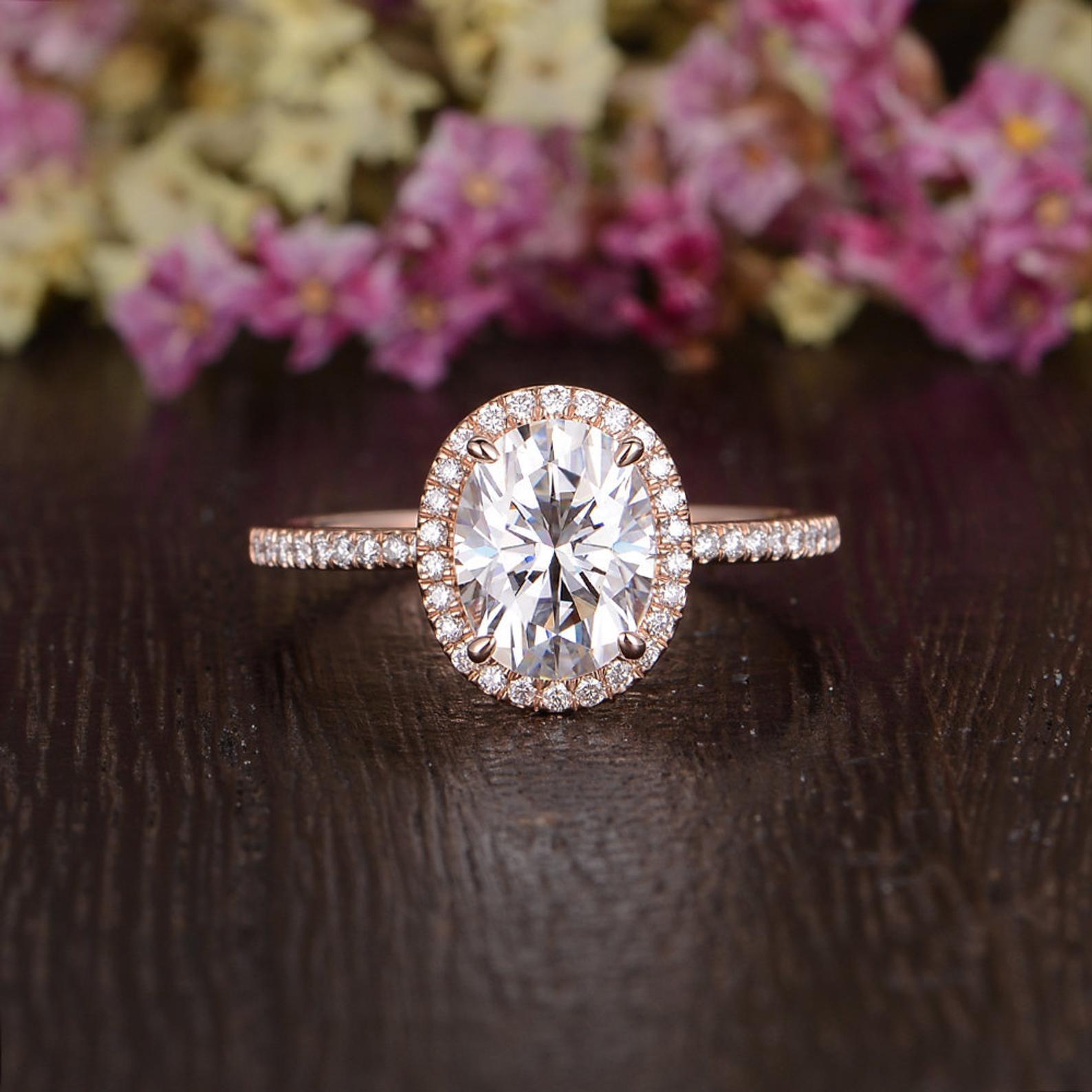 Oval Cut Moissanite Engagement Ring, Vintage Halo Design