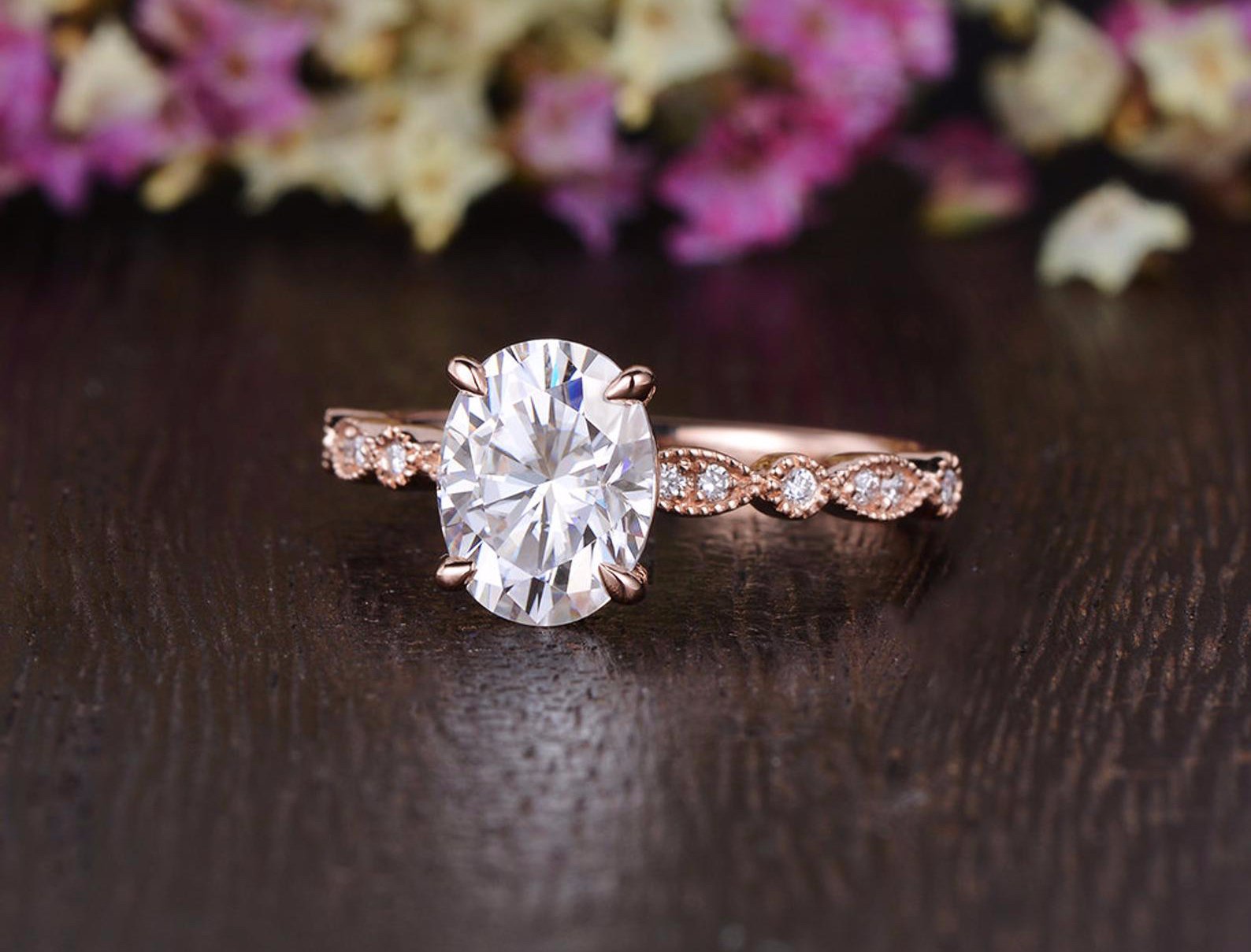 Oval Cut Moissanite Engagement Ring, Vintage Design