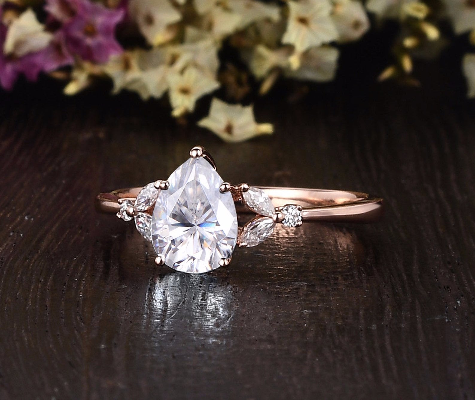 Pear Cut Moissanite Engagement Ring, Vintage Design