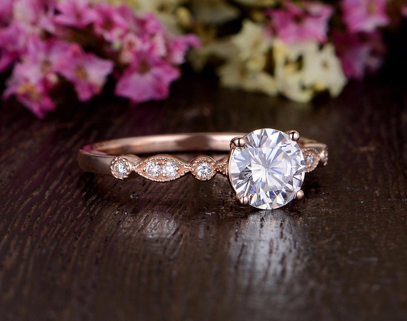 Round Cut Moissanite Engagement Ring, Unique Vintage Design