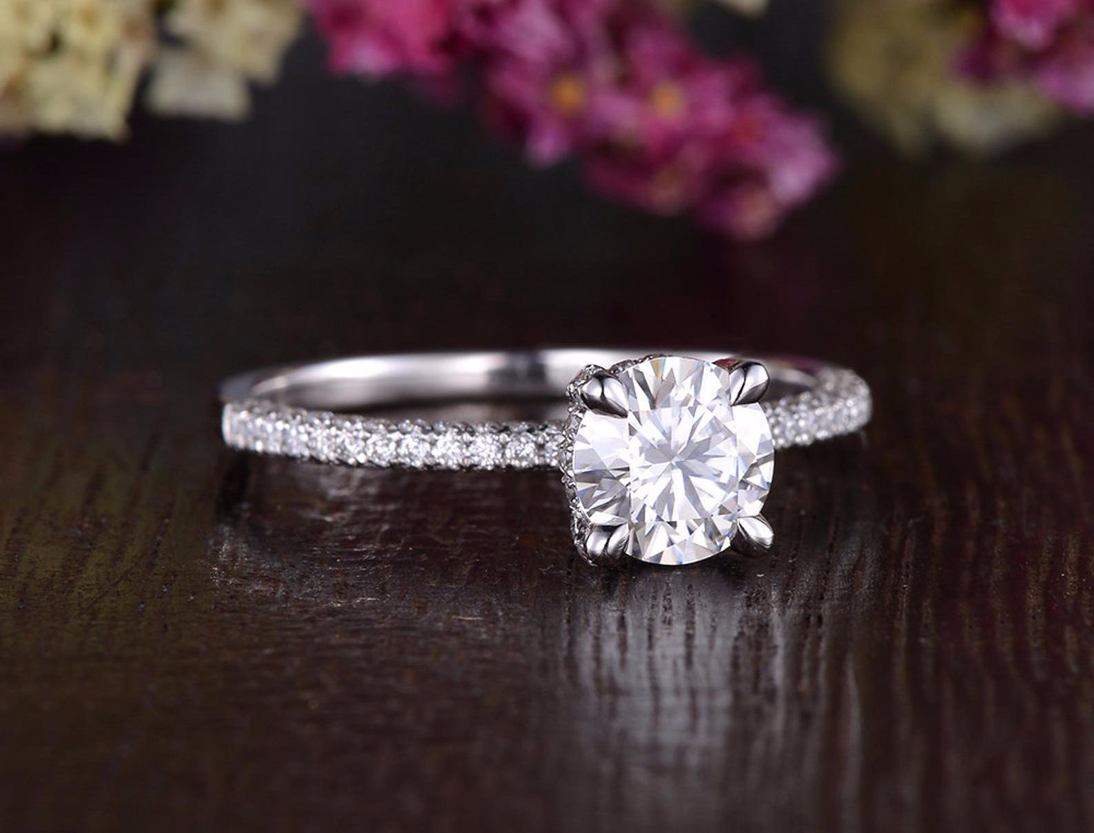 Round Cut Moissanite Engagement Ring, Delicate Vintage Design