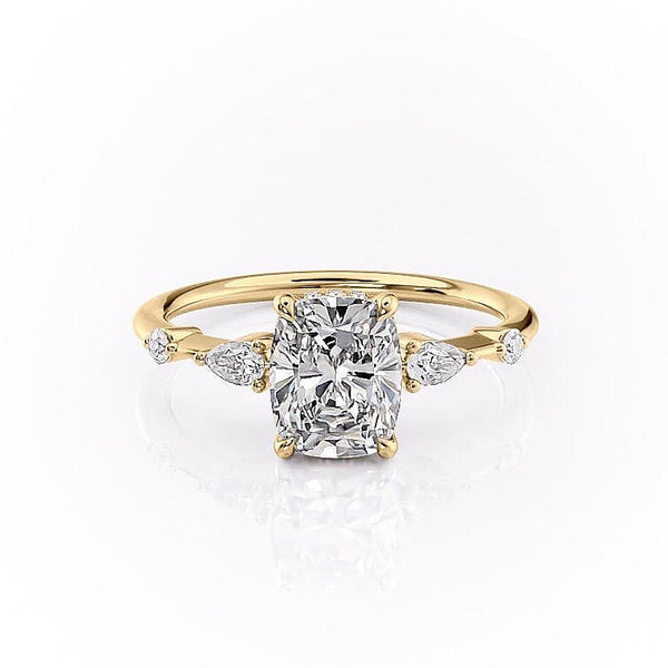 Elongated Cushion Cut Moissanite Shoulder Set Ring With Hidden Halo