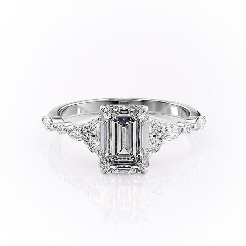 Emerald Cut Moissanite Shoulder Set Ring Vintage Design
