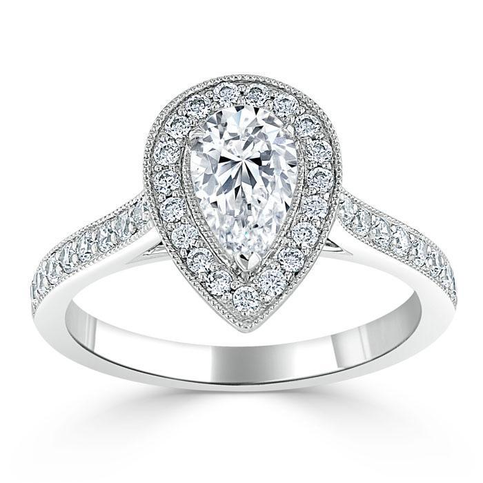 Pear Cut Moissanite Engagement Ring, Classic Halo Design