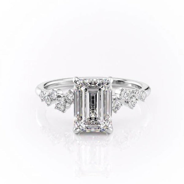 Emerald Cut Moissanite With Hidden Halo And Side Stones