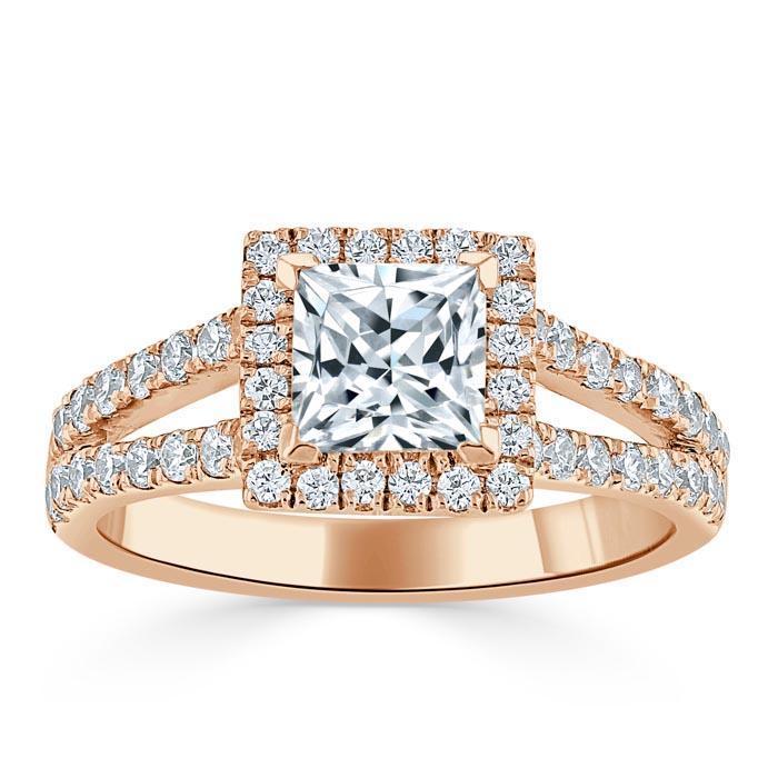 Princess Cut Moissanite Engagement Ring, Classic Halo with Split Shank