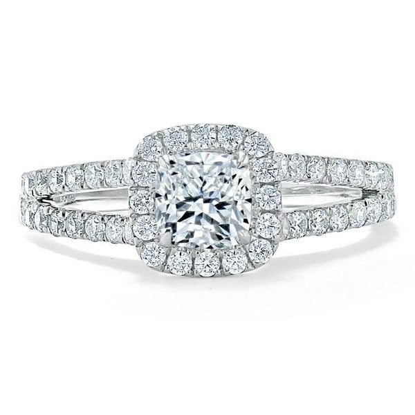 Cushion Cut Moissanite Engagement Ring, Classic Halo with Split Shank