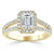 Emerald Cut Moissanite Engagement Ring, Classic Halo with Split Shank