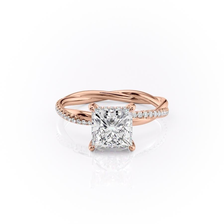 Princess Cut Moissanite Twisted Shoulder Set Ring With Hidden Halo