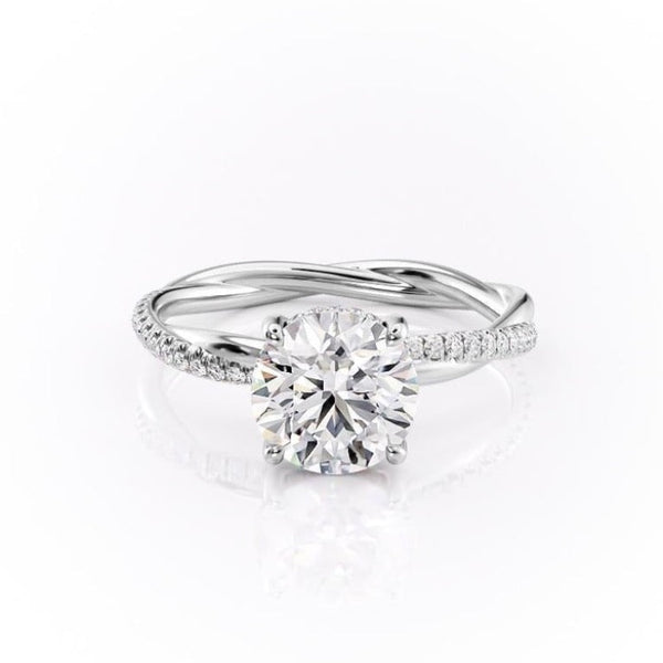 Round Cut Moissanite Twisted Shoulder Set Ring With Hidden Halo