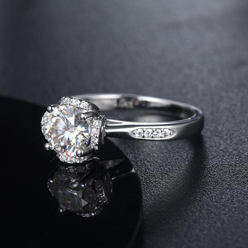 1.00ct Moissanite Engagement Ring, Custom Halo Design, Sterling Silver & Platinum