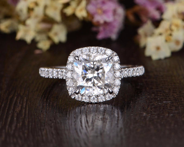 Cushion Cut Moissanite Engagement Ring, Classic Halo Design