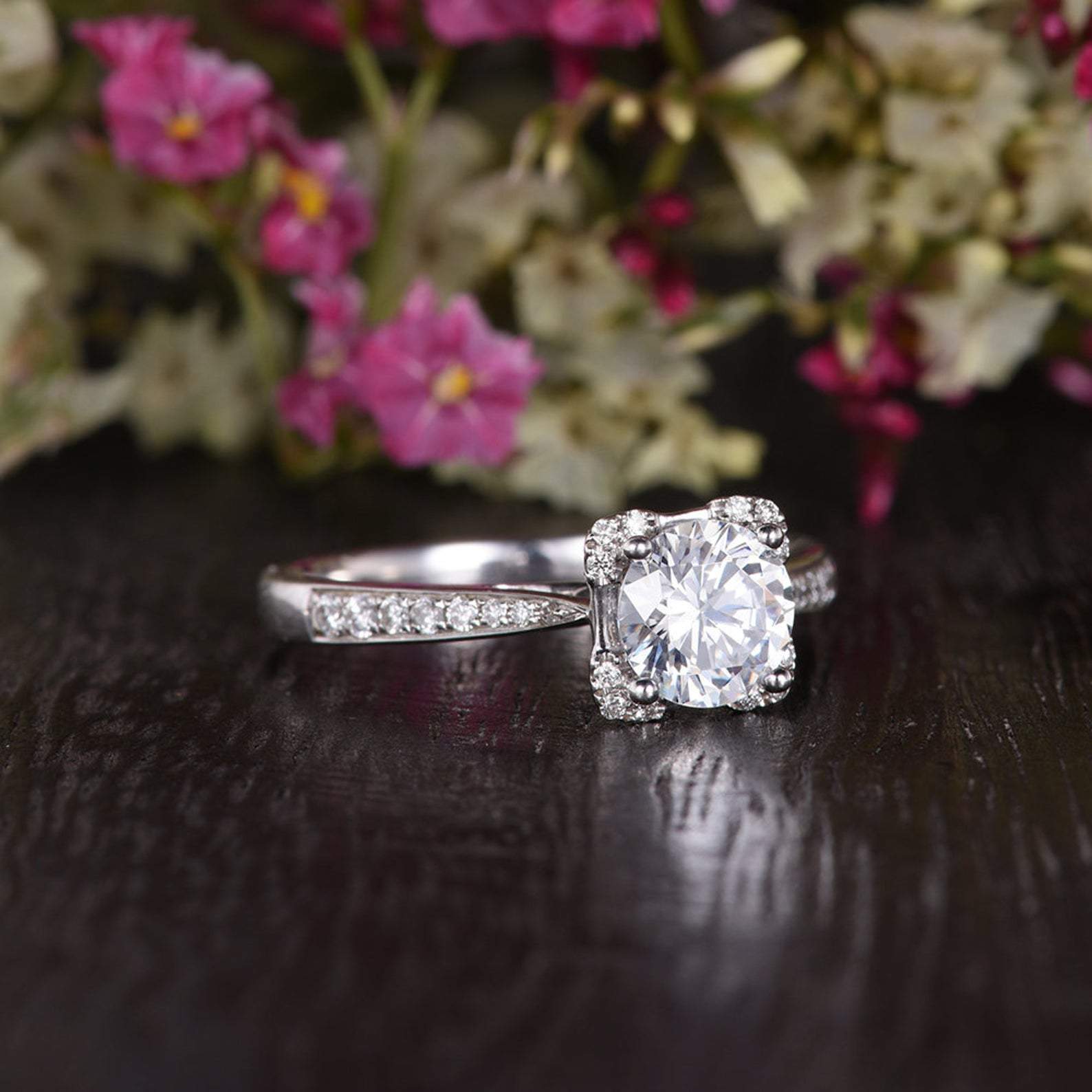 Round Cut Moissanite Engagement Ring, Art Deco Design