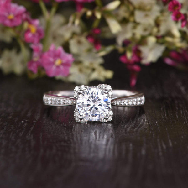 Round Cut Moissanite Engagement Ring, Art Deco Design