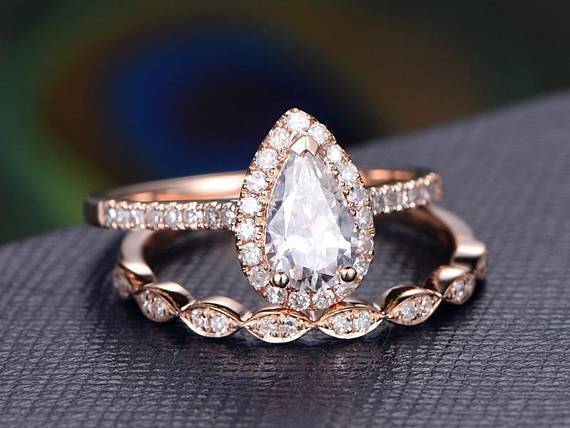 Pear Cut Halo Ring Set, Vintage Style Band