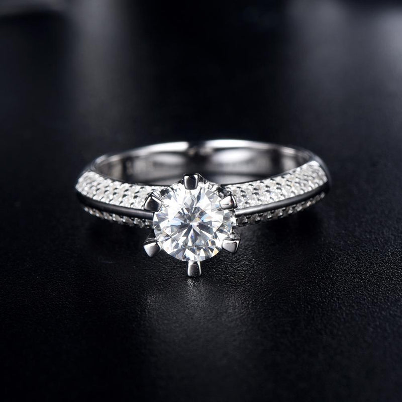 1.00ct Moissanite Engagement Ring, Double Row Stone Set Shoulders, Sterling Silver & Platinum
