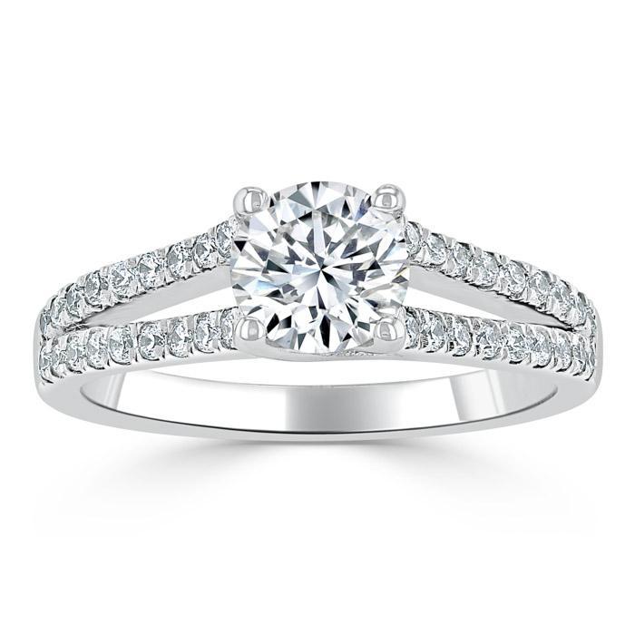 Round Cut Moissanite Engagement Ring, Tiffany Style Double Row Band