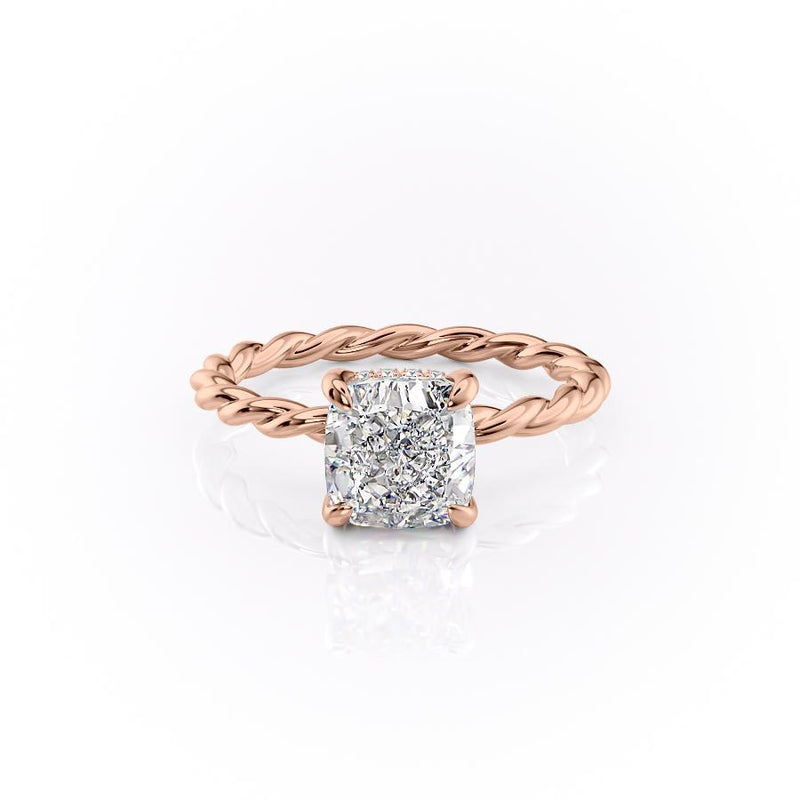 Cushion Cut Moissanite Ring, Twisted Band With Hidden Halo