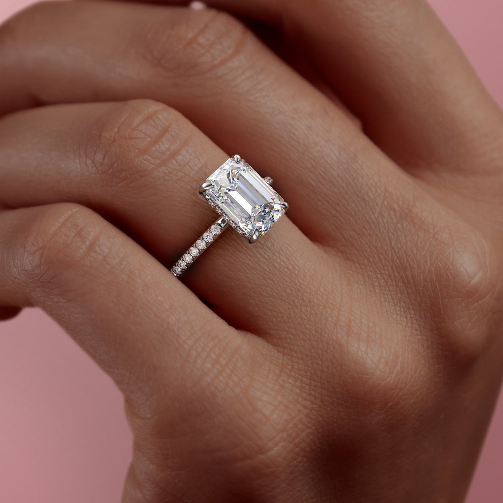 Emerald Cut Moissanite Engagement Ring Hidden Halo Flawless Moissanite
