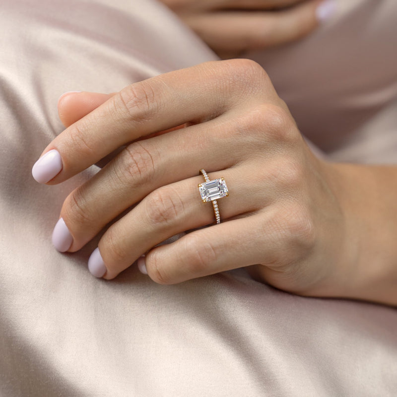 EMERALD CUT MOISSANITE ENGAGEMENT RING, HIDDEN HALO