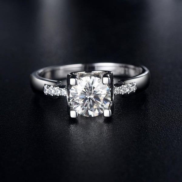 1.00ct Moissanite Engagement Ring, Classic Four Claw Suspended Setting with Stone Set Shoulders , Sterling Silver & Platinum