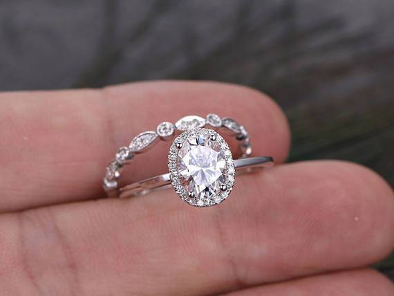Oval Cut Halo Ring Set, Vintage Style Band