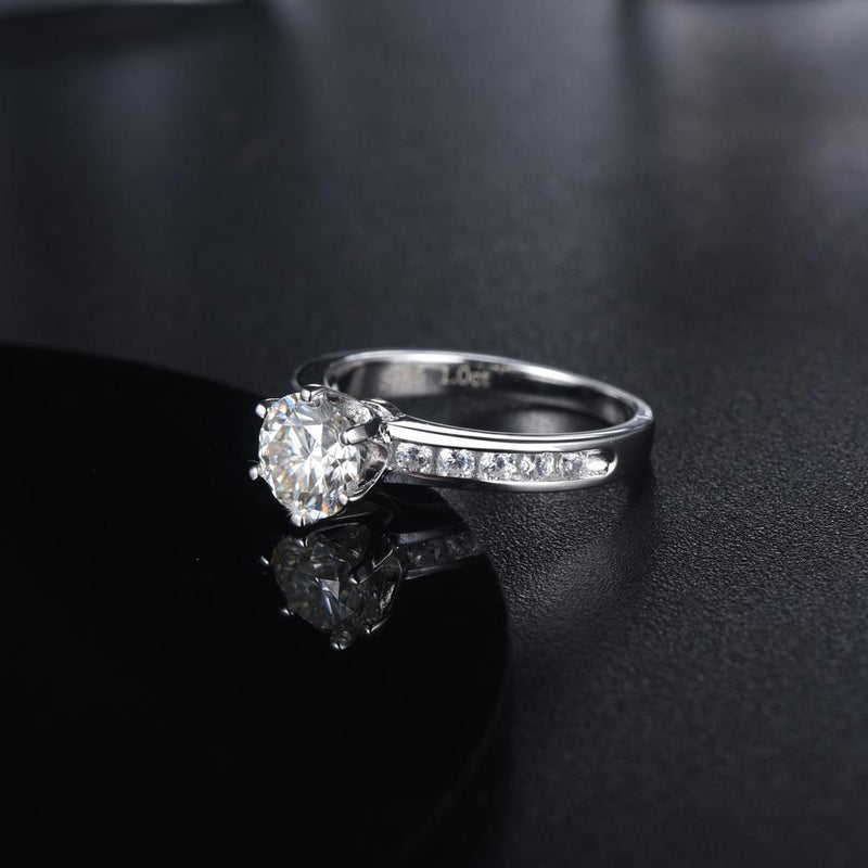1.00ct Moissanite Engagement Ring, Classic Six Claw with Channel Set Shoulders , Sterling Silver & Platinum