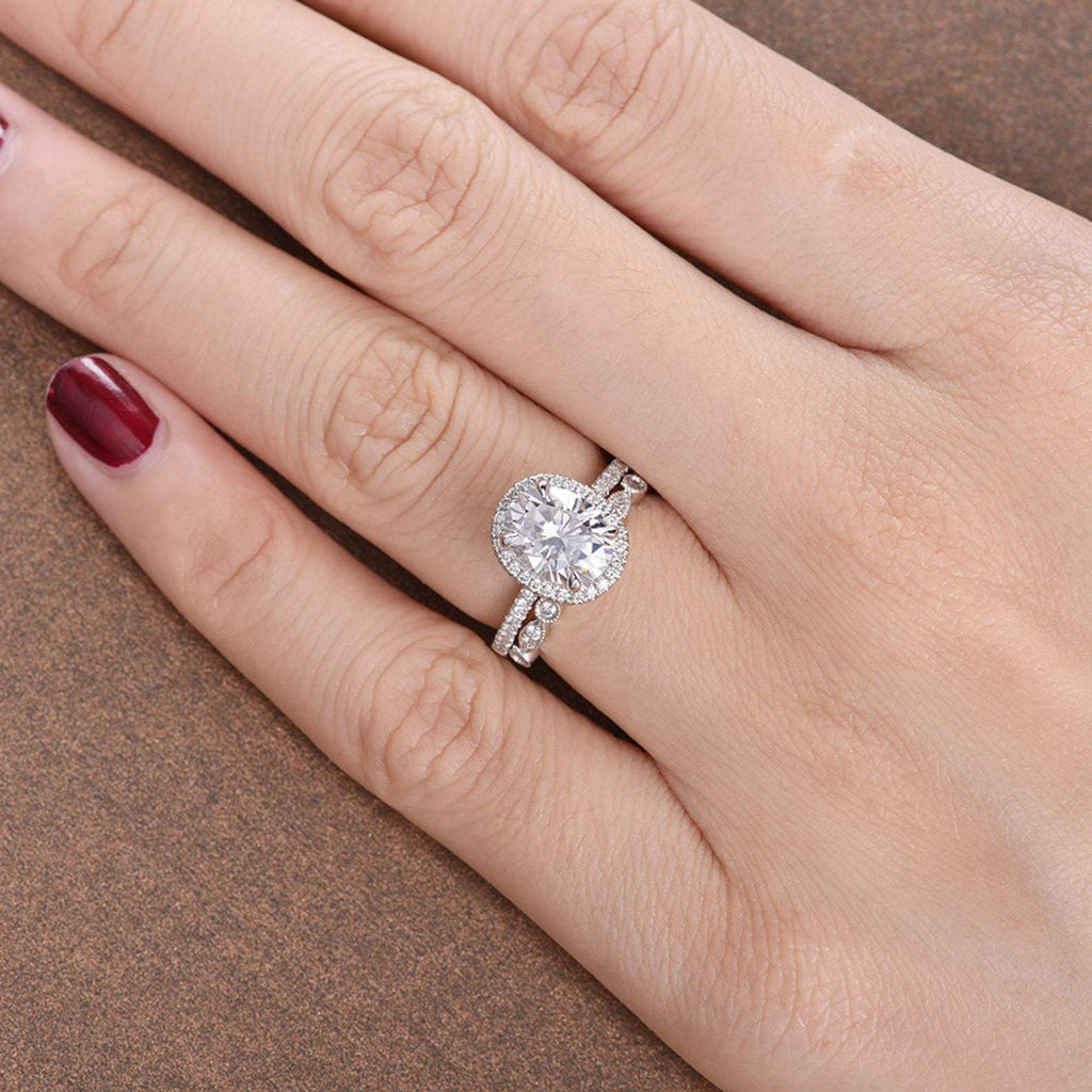 Classic Oval Cut Halo Bridal Ring Set Flawless Moissanite