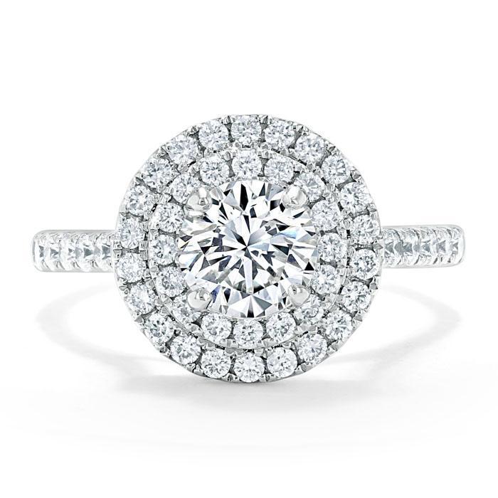 Round Cut Moissanite Double Halo Engagement Ring, Tiffany Style