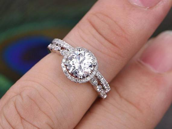 Bridal Ring Set, Vintage Design Halo, Shaped Band