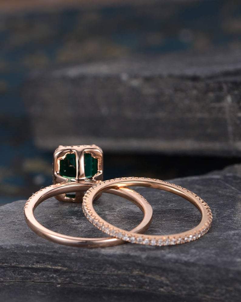 Lab Emerald & Moissanite Bridal Ring Set