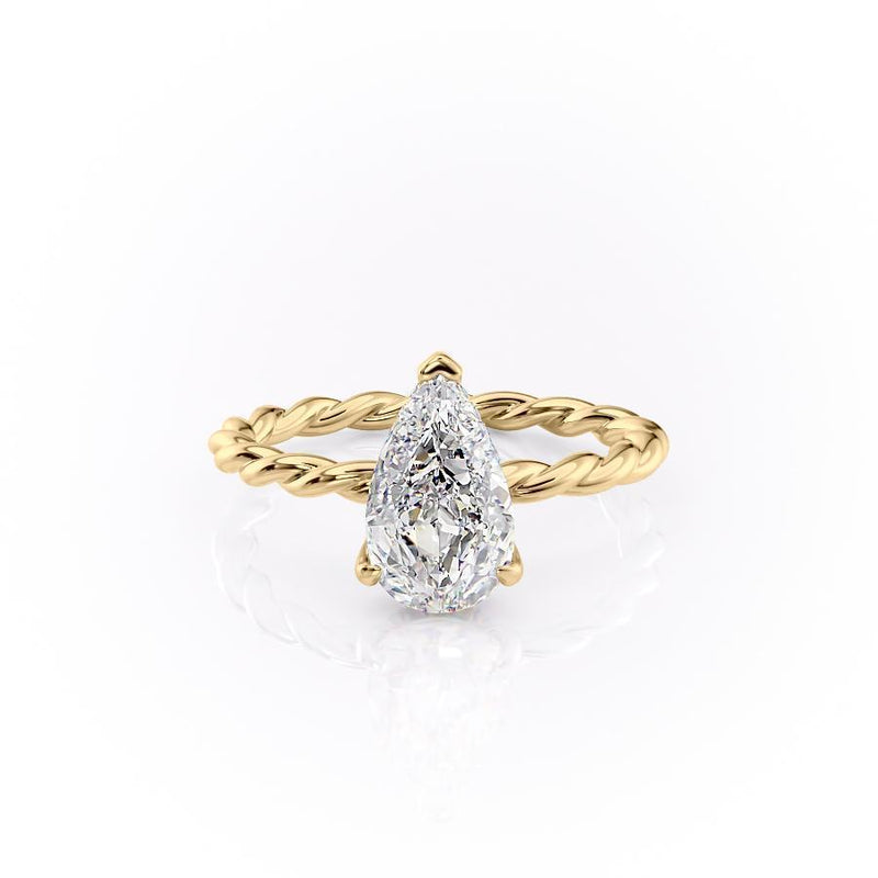 Pear Cut Moissanite Ring, Twisted Band With Hidden Halo