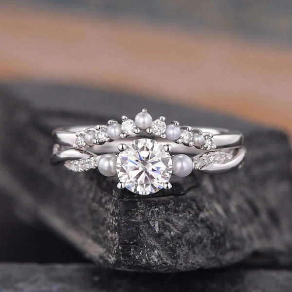 Round Cut Moissanite and Silver Pearl Ring set