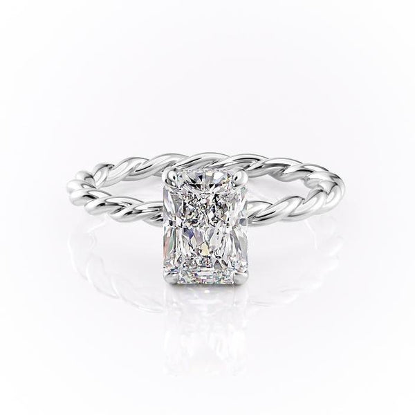 Radiant Cut Moissanite Ring, Twisted Band With Hidden Halo