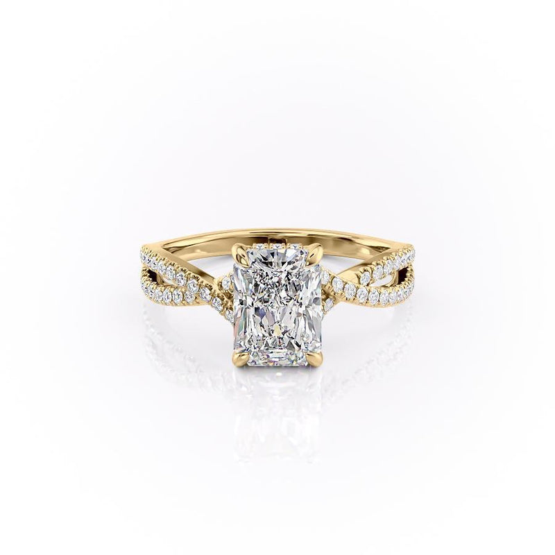 Radiant Cut Moissanite Engagement Ring, Twisted Stone Set Shoulders