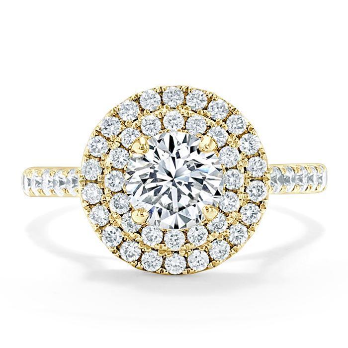 Round Cut Moissanite Double Halo Engagement Ring, Tiffany Style