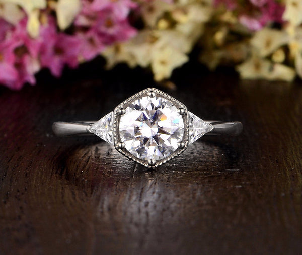 Round Cut Moissanite Engagement Ring, Art Deco Trilogy Design