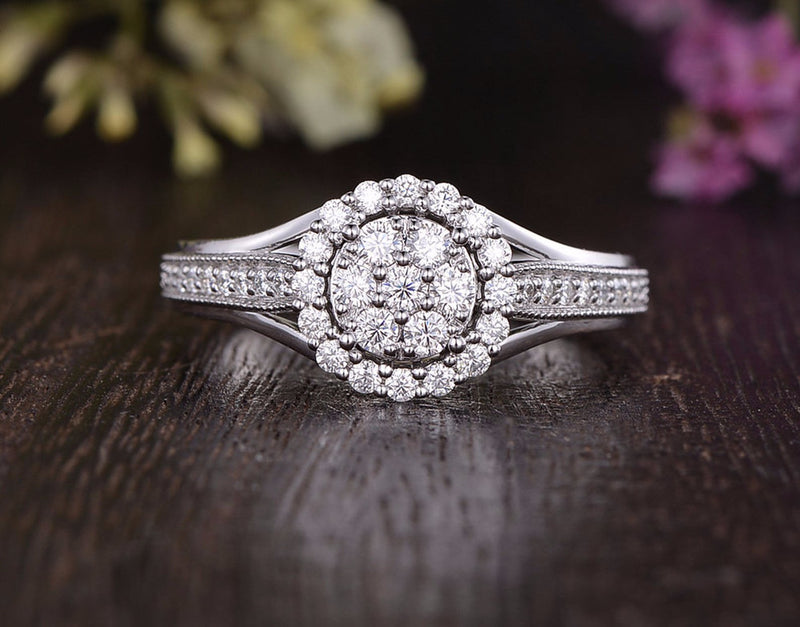 Round Cut Moissanite Cluster Engagement Ring, Vintage Design