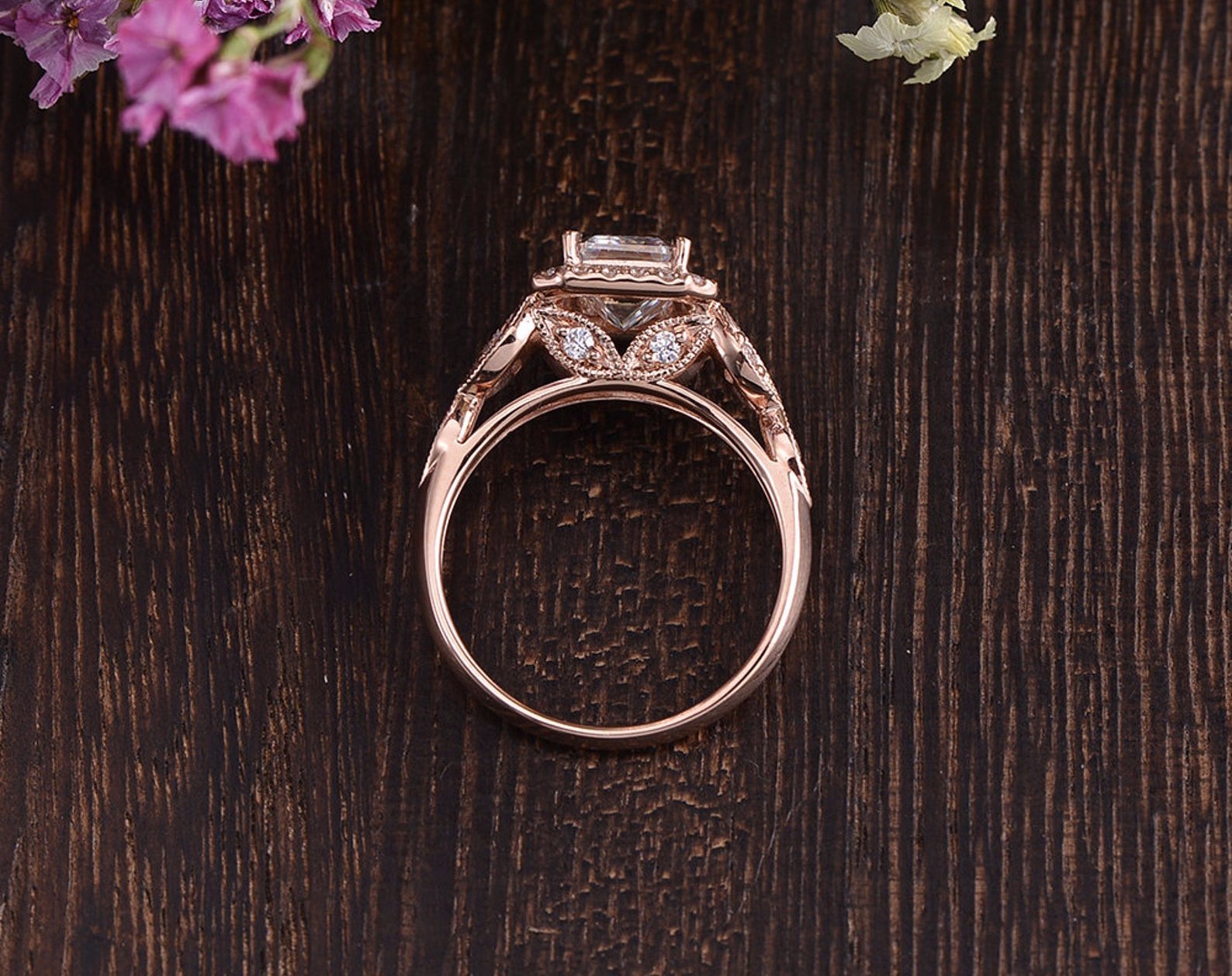Emerald Cut Moissanite Engagement Ring, Floral Art Deco Halo Design, Choose Your Stone Size & Metal