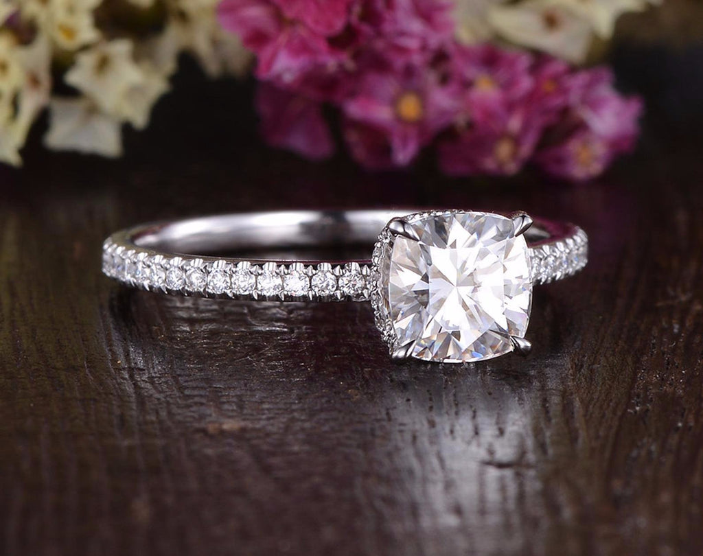Cushion Cut Moissanite Engagement Ring Hidden Halo Design