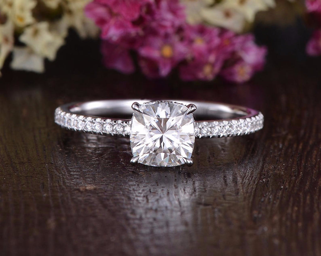 Cushion Cut Moissanite Engagement Ring Hidden Halo Design Flawless Moissanite