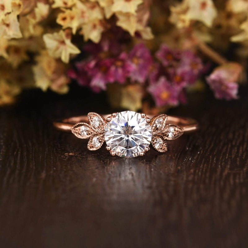 Round Cut Moissanite Engagement Ring, Unique Art Deco Design