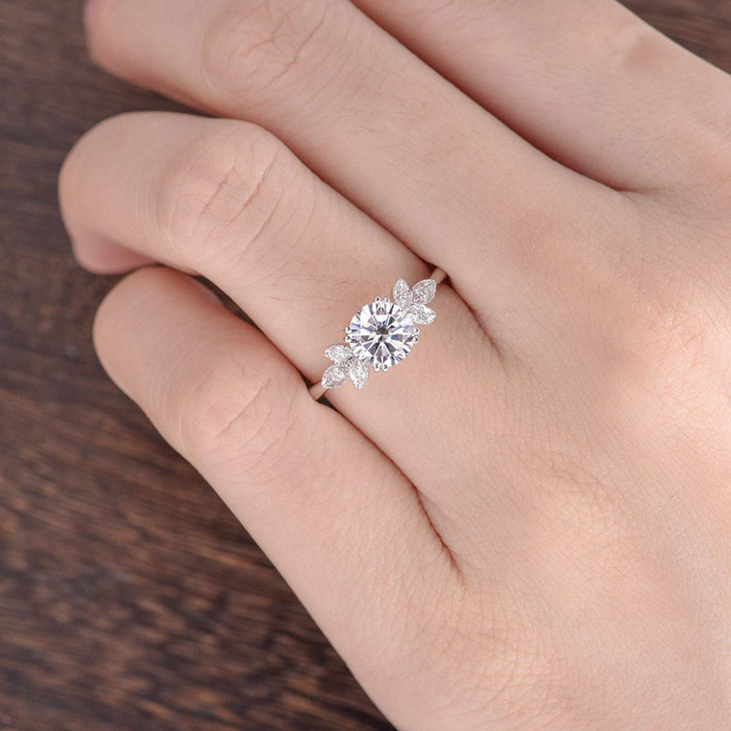 Round Cut Moissanite Engagement Ring Unique Art Deco Design