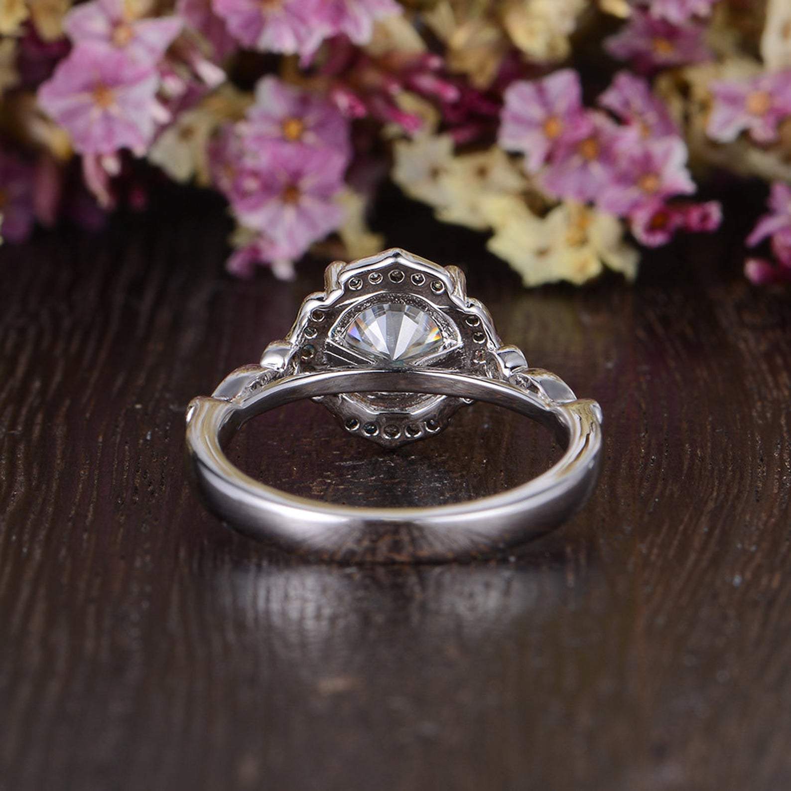 Round Cut Moissanite Engagement Ring, Art Deco Halo Design