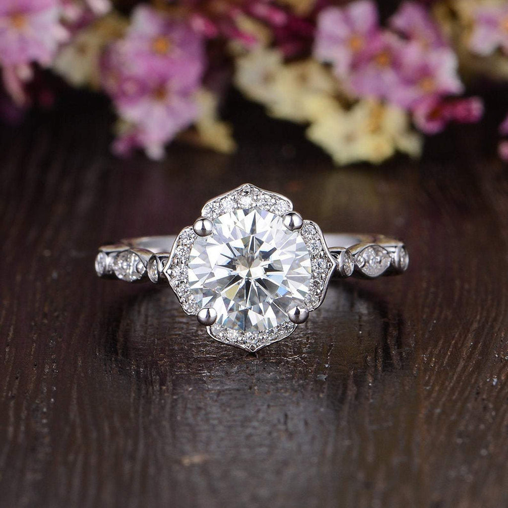 Round Cut Moissanite Engagement Ring Art Deco Halo Design Flawless Moissanite