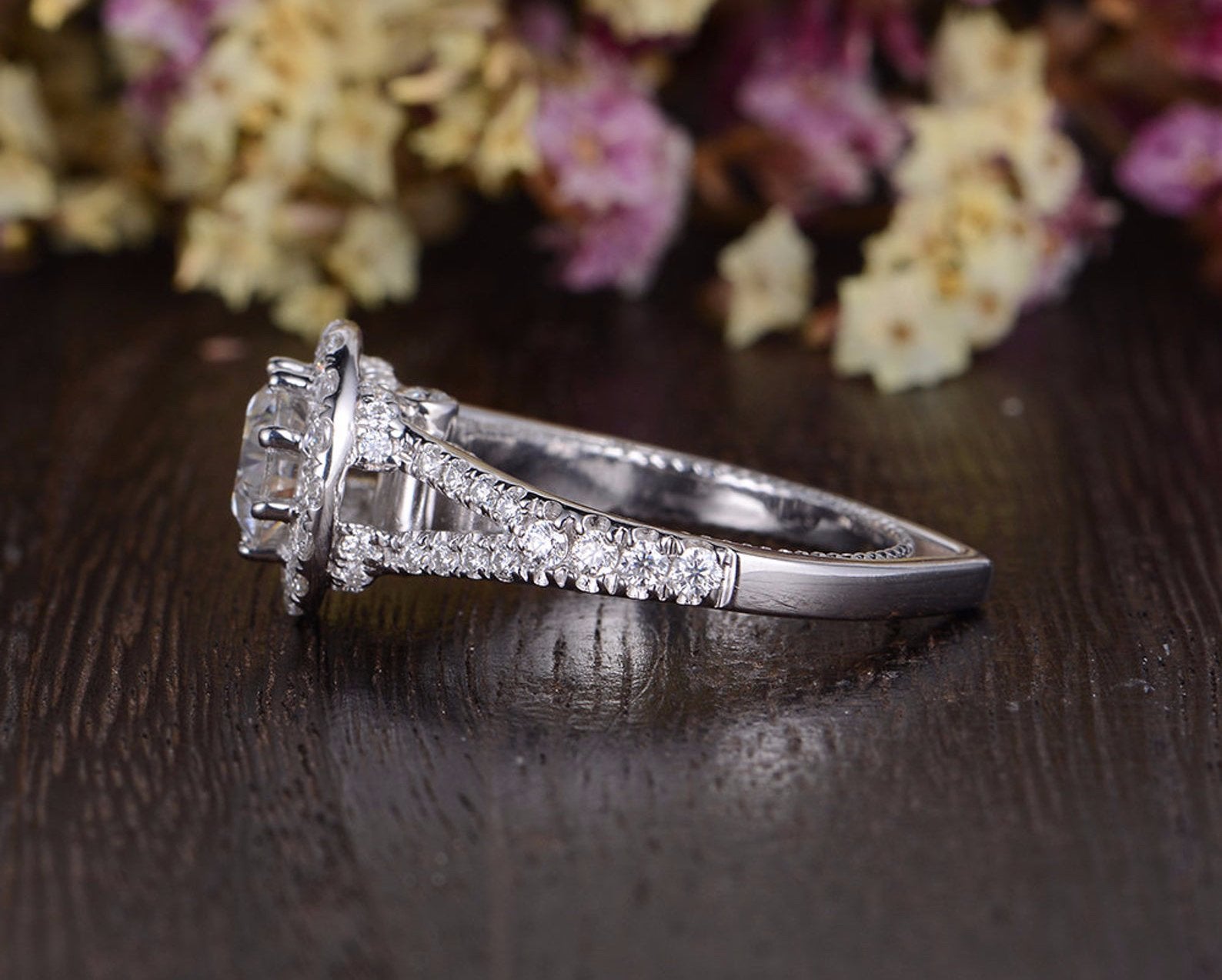 Round Cut Moissanite Engagement Ring, Vintage Halo Design