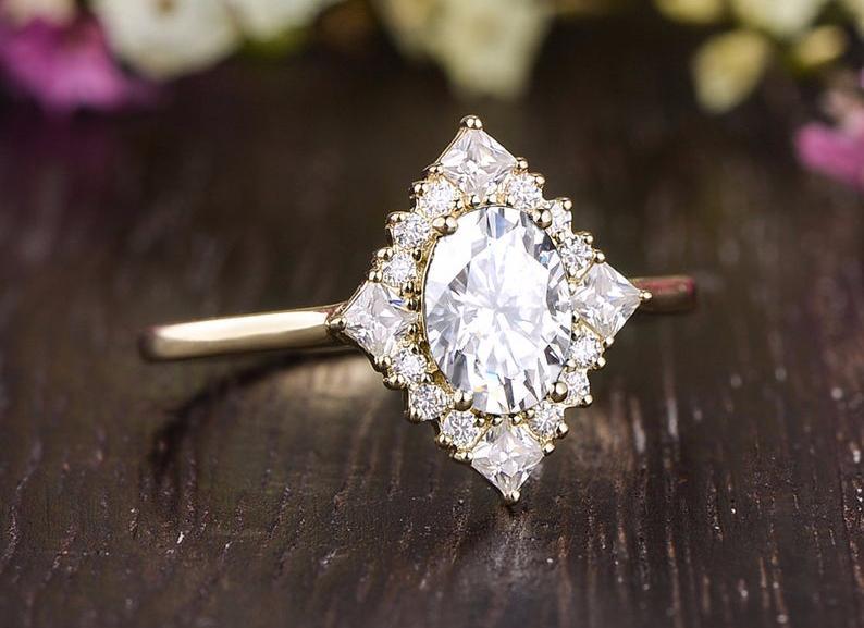 Oval Cut Moissanite Engagement Ring, Unique Vintage Halo Design
