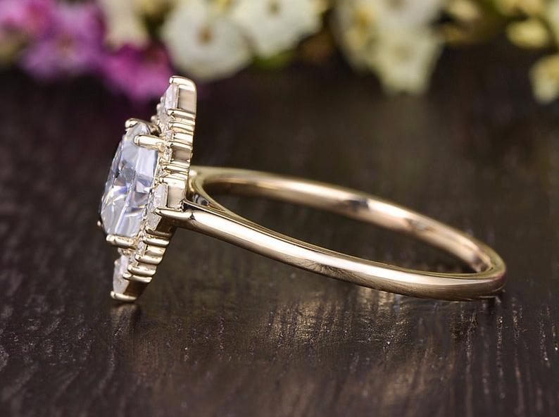 Oval Cut Moissanite Engagement Ring, Unique Vintage Halo Design