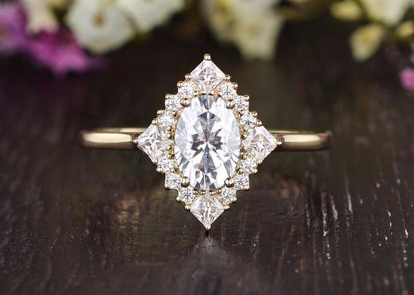 Oval Cut Moissanite Engagement Ring, Unique Vintage Halo Design