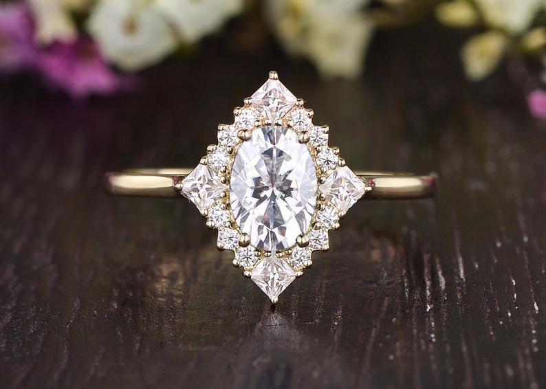 Oval Cut Moissanite Engagement Ring, Unique Vintage Halo Design